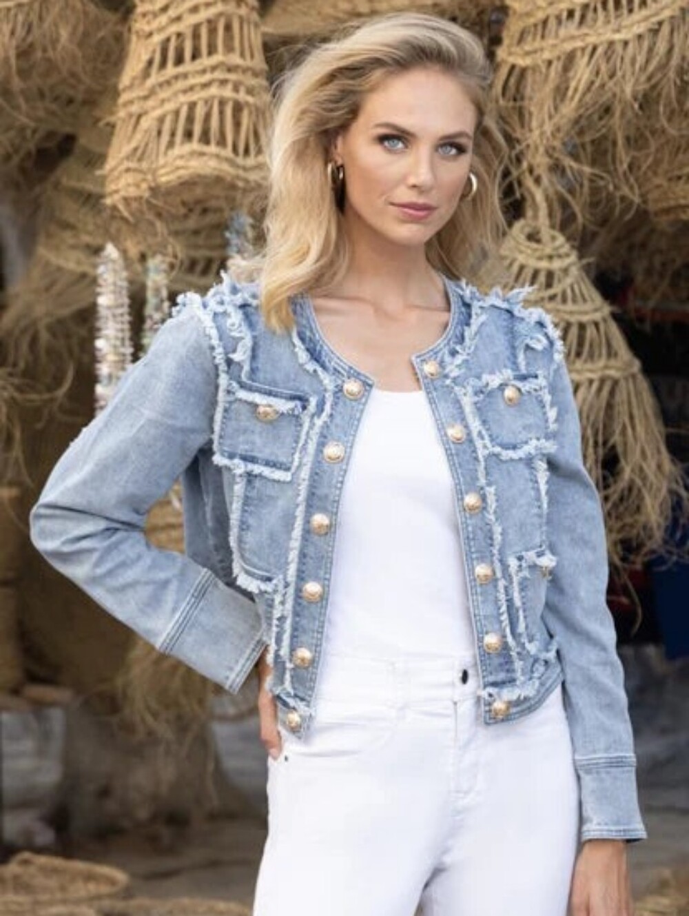 Frank Lyman Design Distressed Light Blue Denim Jacket with Gold Buttons Military